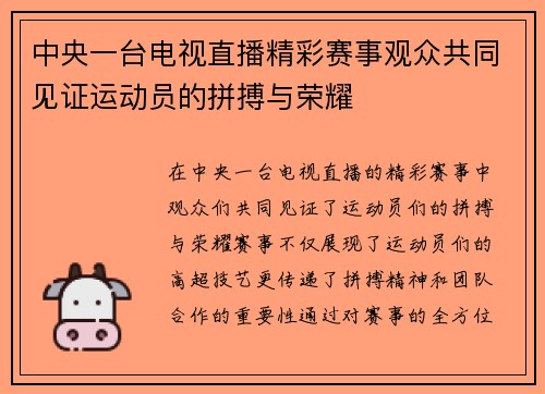 中央一台电视直播精彩赛事观众共同见证运动员的拼搏与荣耀